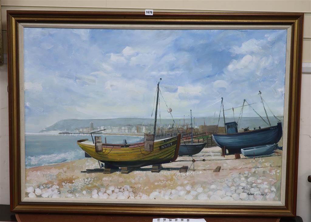 Robert Williams, oil on canvas, Fishing boats on the beach, signed and dated 1977, 70 x 105cm